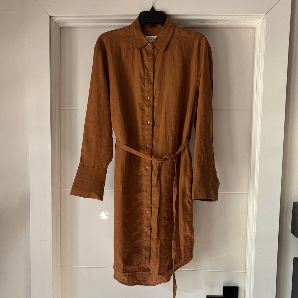 COS 100% Linen Rust Long Sleeve Shirt Dress sz4